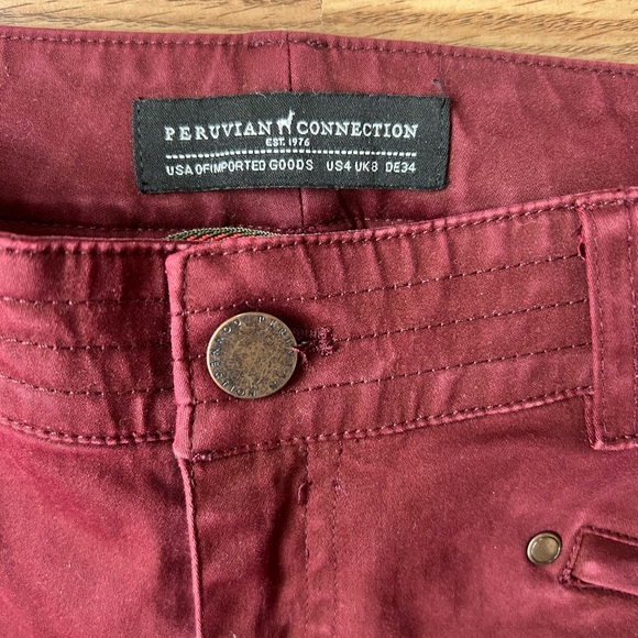 Peruvian Connection Motorcycle Pants Burgundy Zip Ankles Skinny Moto Womens 4 - Picture 3 of 12